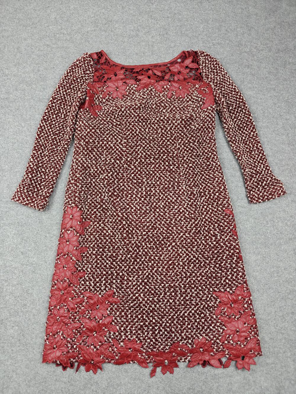Nora Noh Dress Womens 12 Red Tweed Floral Rhinestone Shift Long Sleeve Party